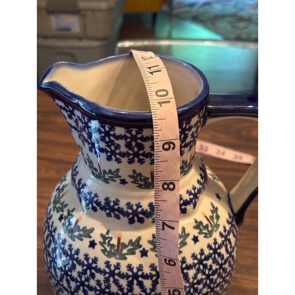 Boleslawiec Polish Pottery Pitcher Snowflake Holly Candle Hand Made Poland Blue - Picture 8 of 10